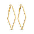 Large rhombus hoop earrings with shiny gold plating on a white background