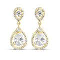 Gold-plated drop earrings with a large pear-cut cubic zirconia and crystal halo
