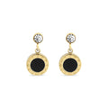 Gold-plated studs with a clear crystal and black circle ringed by Roman numerals