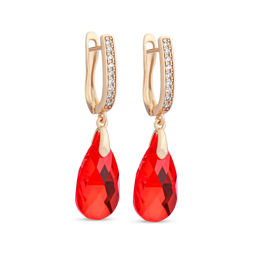 Red crystal teardrop earrings, 38 mm