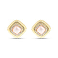Square gold-plated earrings with a pinkish faux pearl, zirconia border and ribbed edge