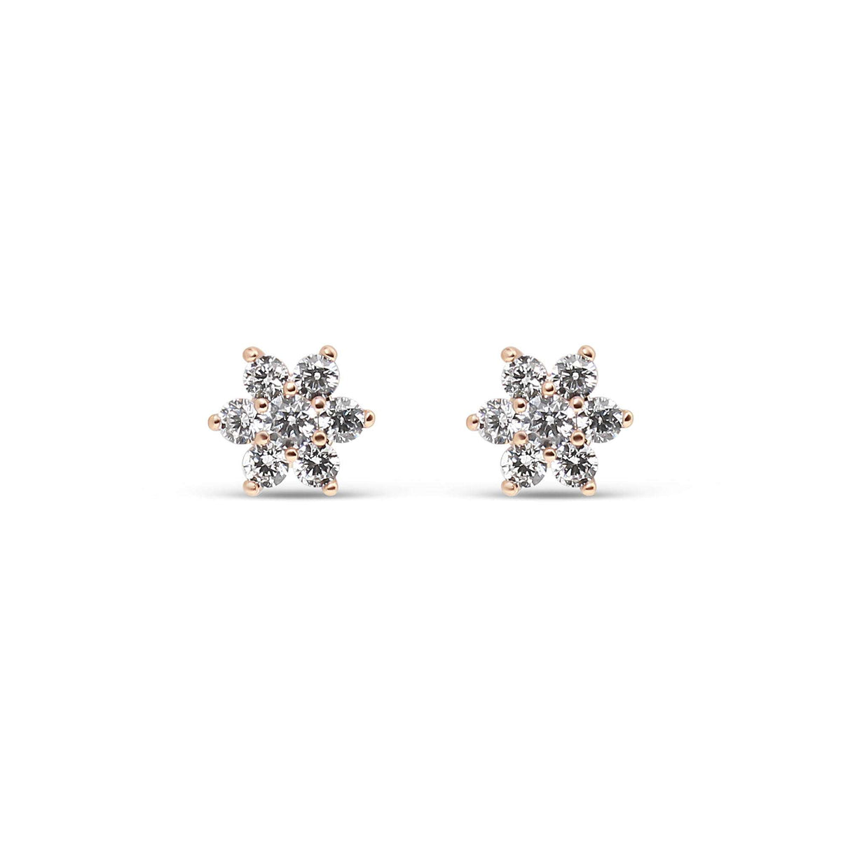 Flower stud earrings of seven white cubic zirconia in gold-plated prong settings