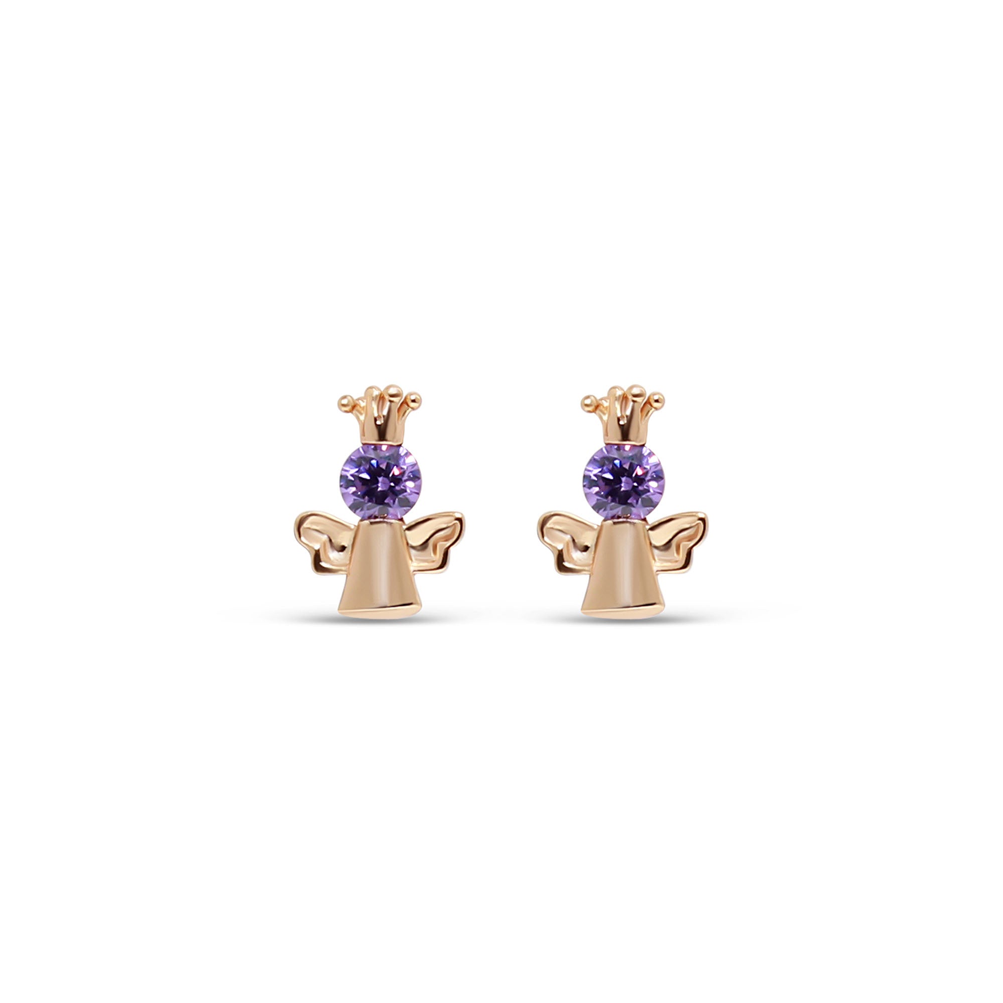 Eņģeļa formas nagliņas auskari ar violetu kristālu un 18k zelta pārklājumu