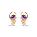 Gold-plated stud earrings with an oval violet stone and white cubic zirconia leaves