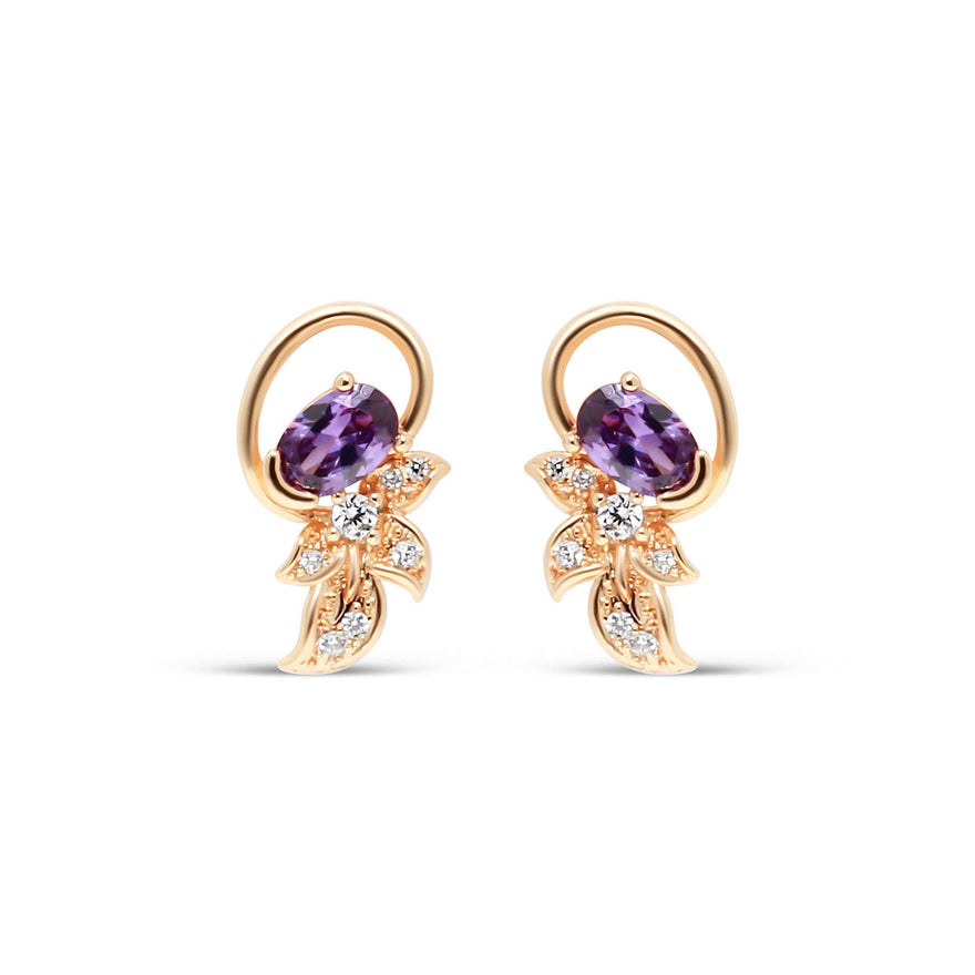 Violet oval studs with sparkling leaves