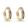 Gold-plated hoop earrings with a row of multicoloured cubic zirconia, close-up
