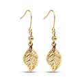 Long gold-plated earrings with an openwork leaf pattern and fish hooks