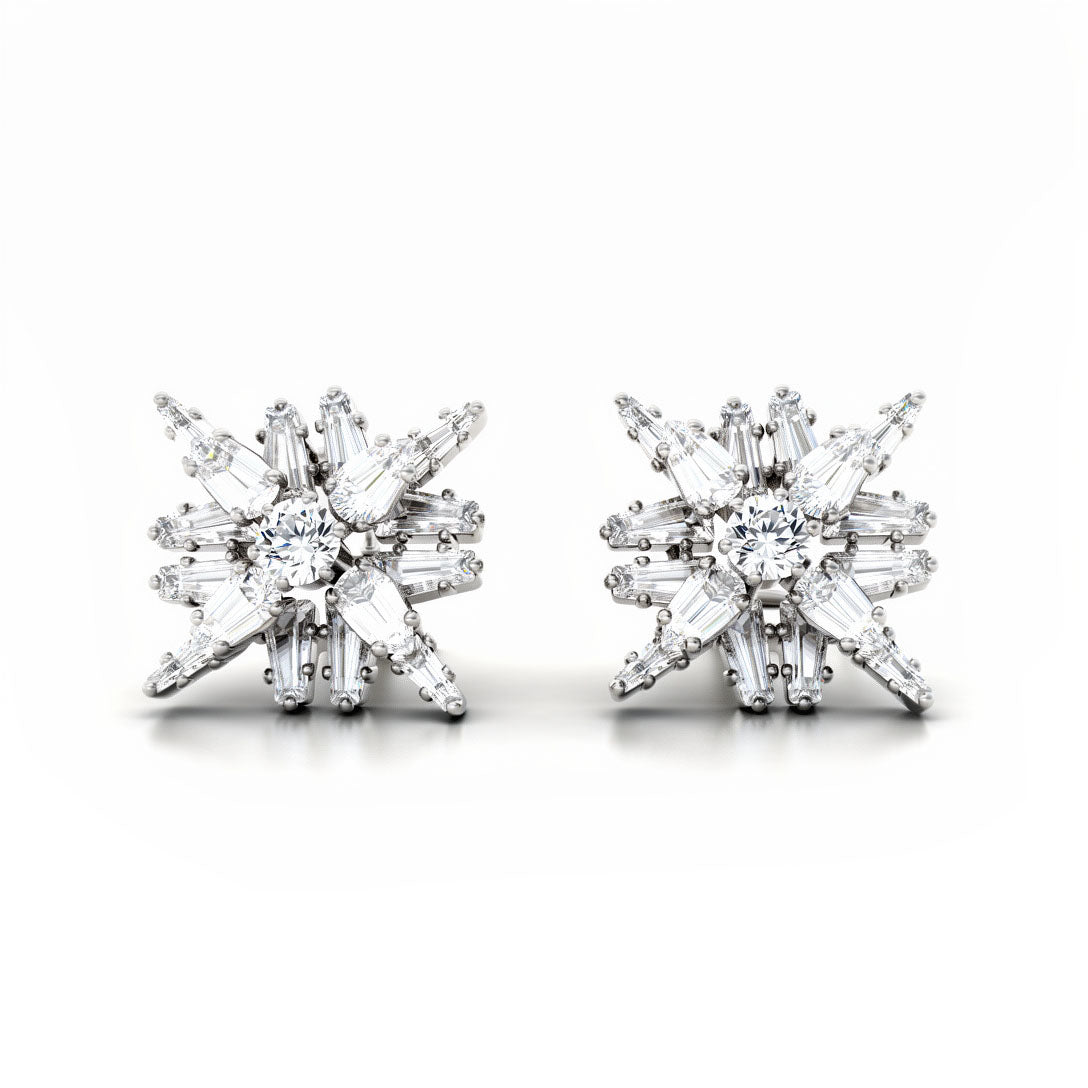 Snowflake earrings with rays of elongated and round cubic zirconia, silver tone