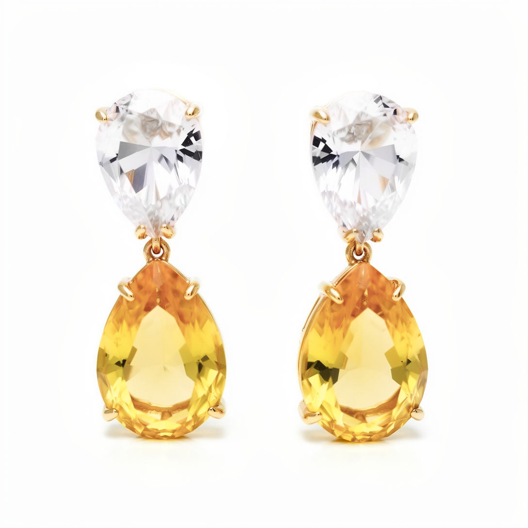 Clip-on earrings with clear and yellow teardrop cubic zirconia in gold-tone settings