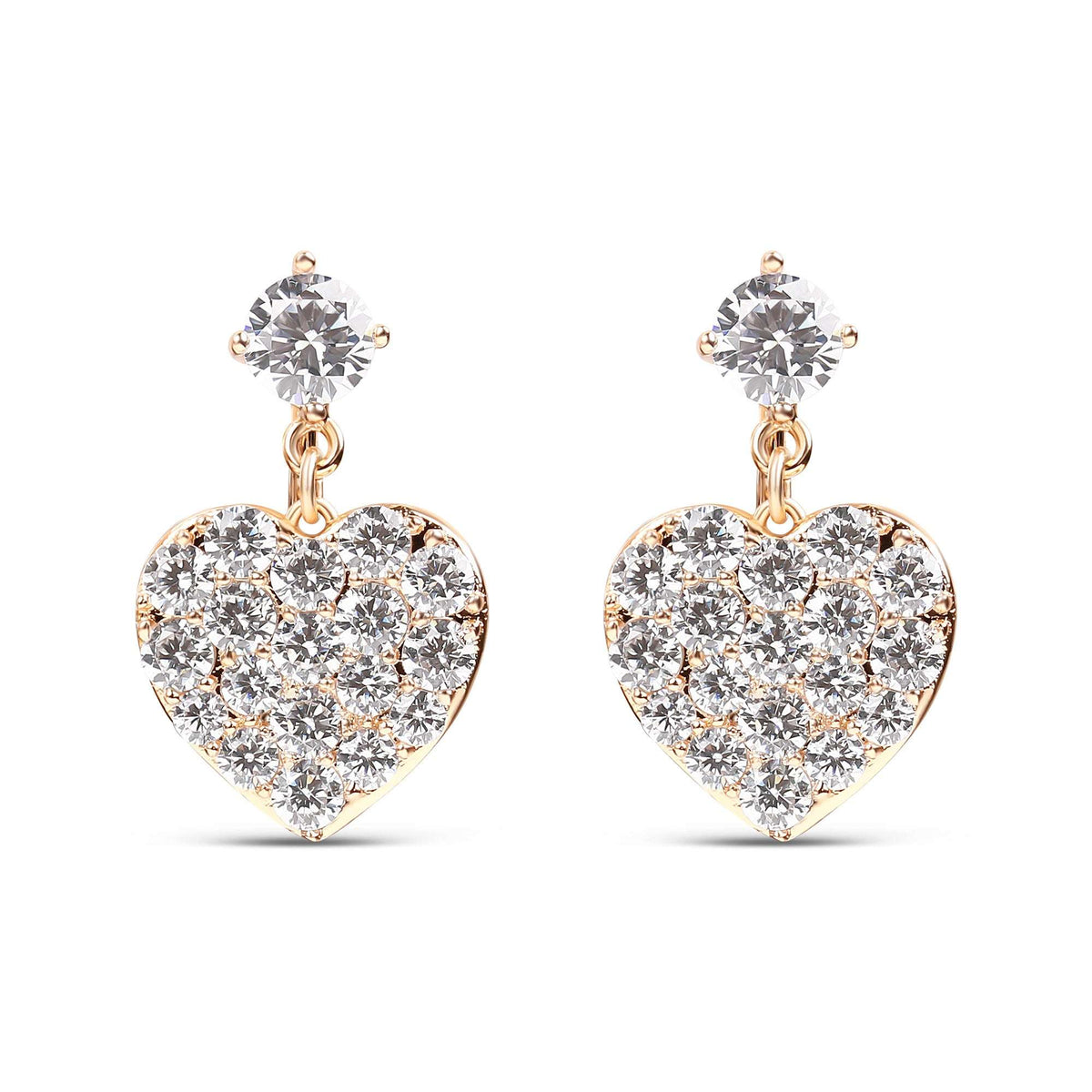 Gold-plated earrings with a cubic zirconia heart and a round stone above