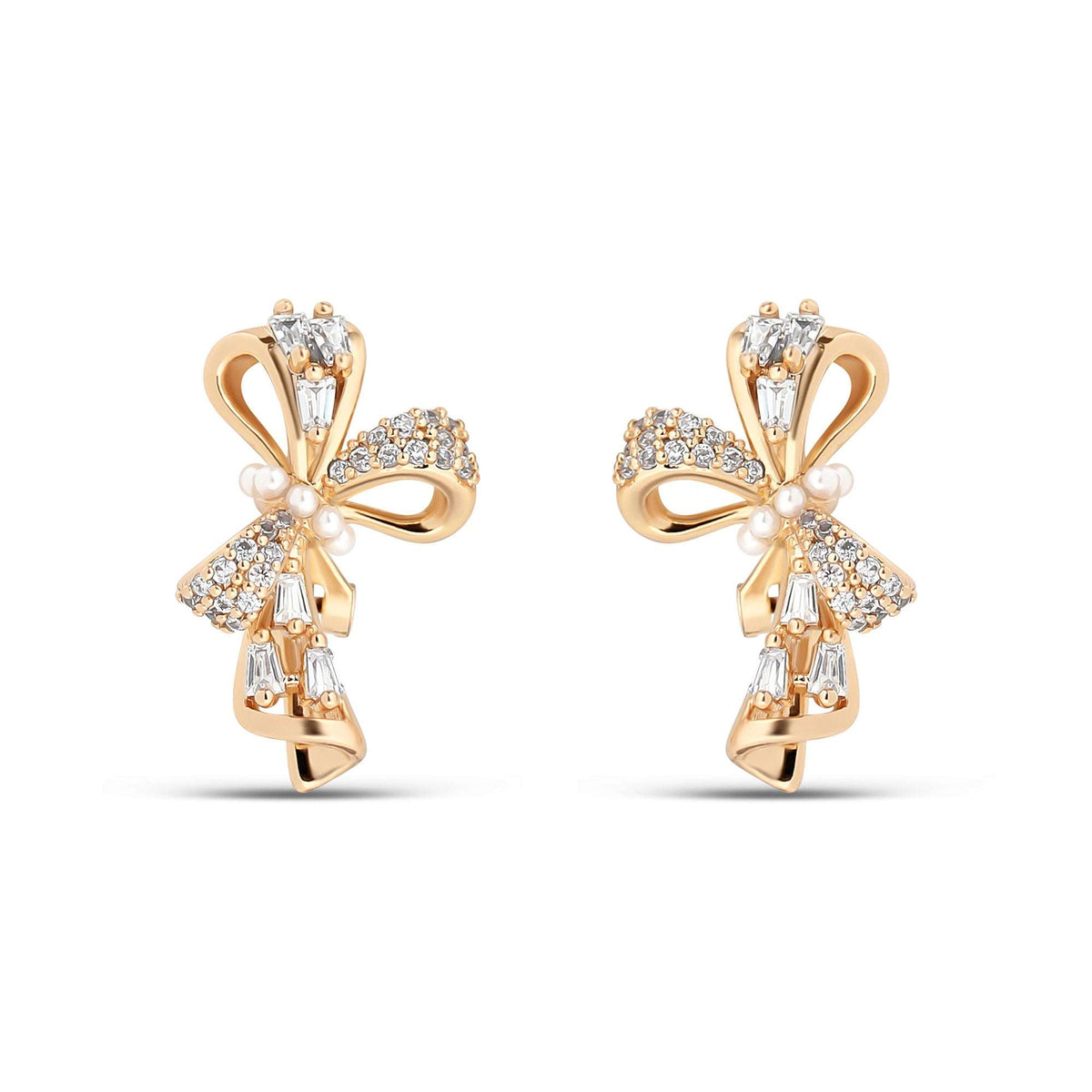 Gold-plated bow clip-on earrings with clear cubic zirconia and small pearls
