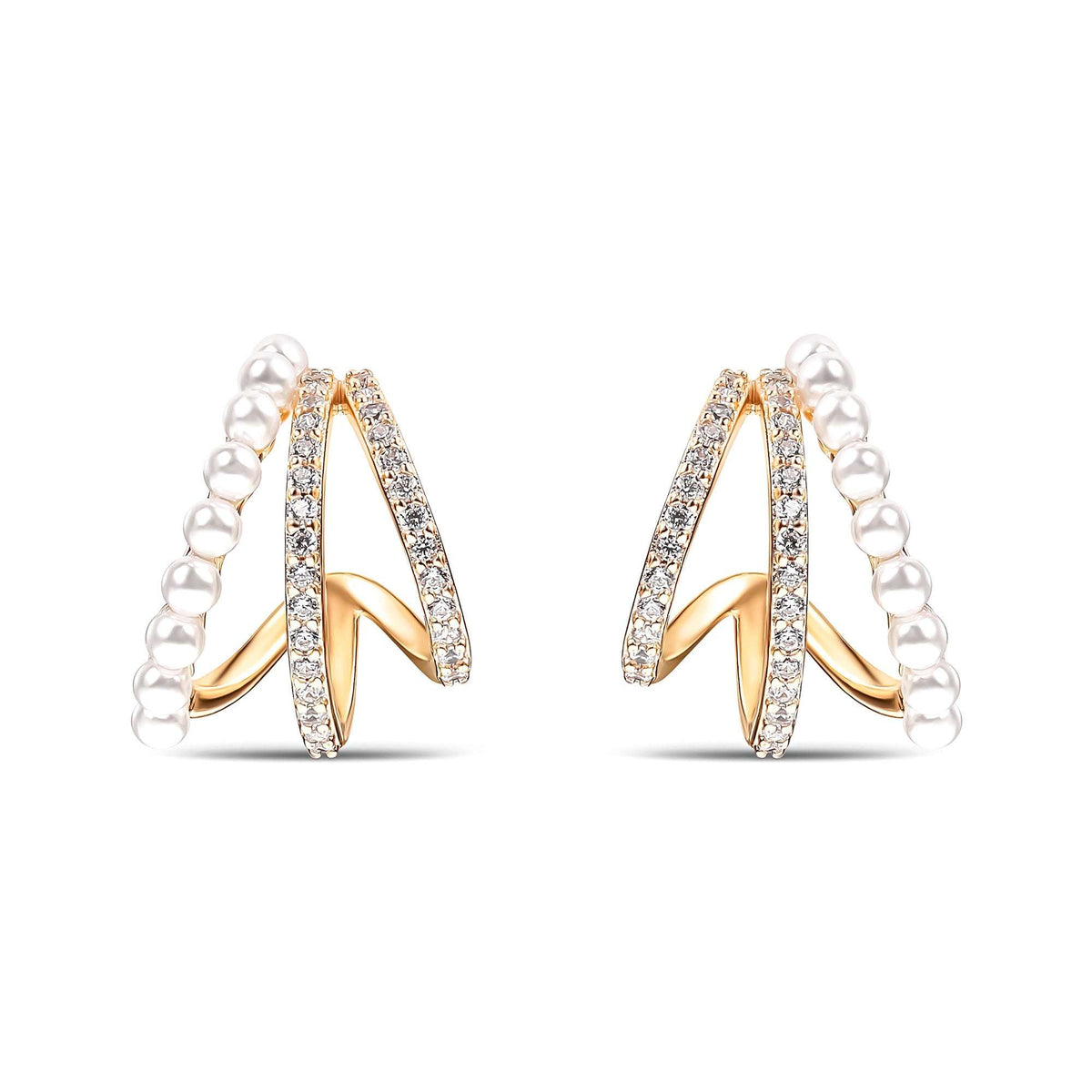 Gold-plated earrings with a row of faux pearls and clear cubic zirconia