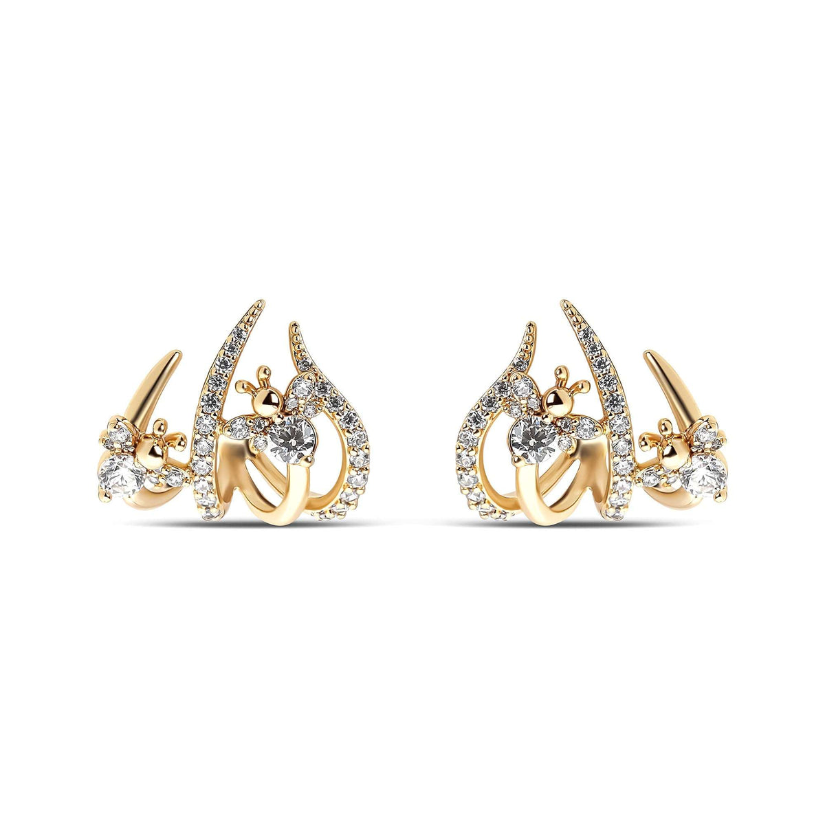 Pair of bee earrings with white cubic zirconia and gold plating