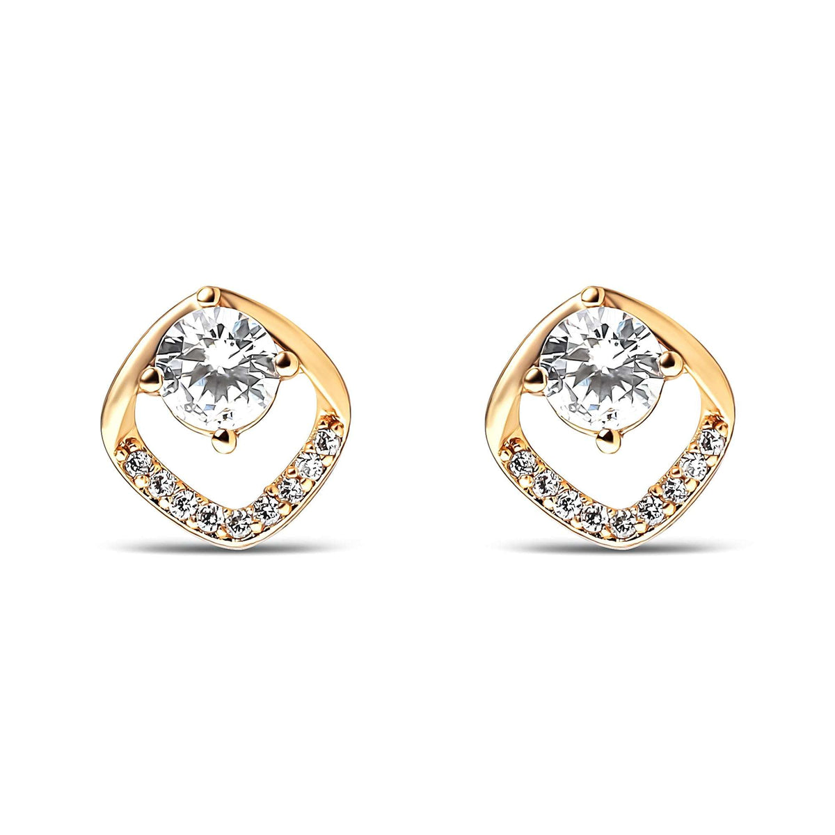 Gold-plated rhombus studs with a central cubic zirconia and a row of tiny stones