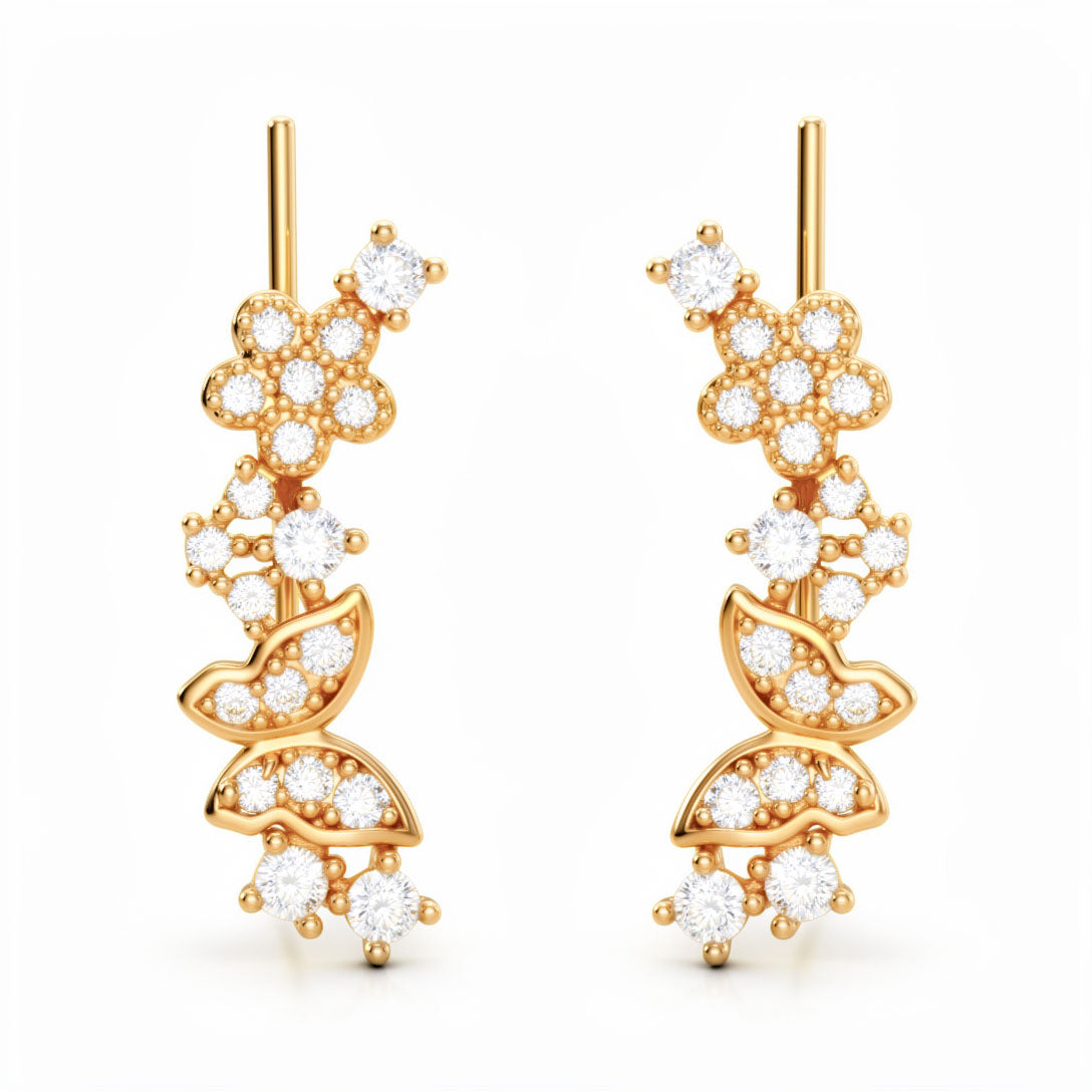Gold-plated flower and butterfly ear climbers with white cubic zirconia