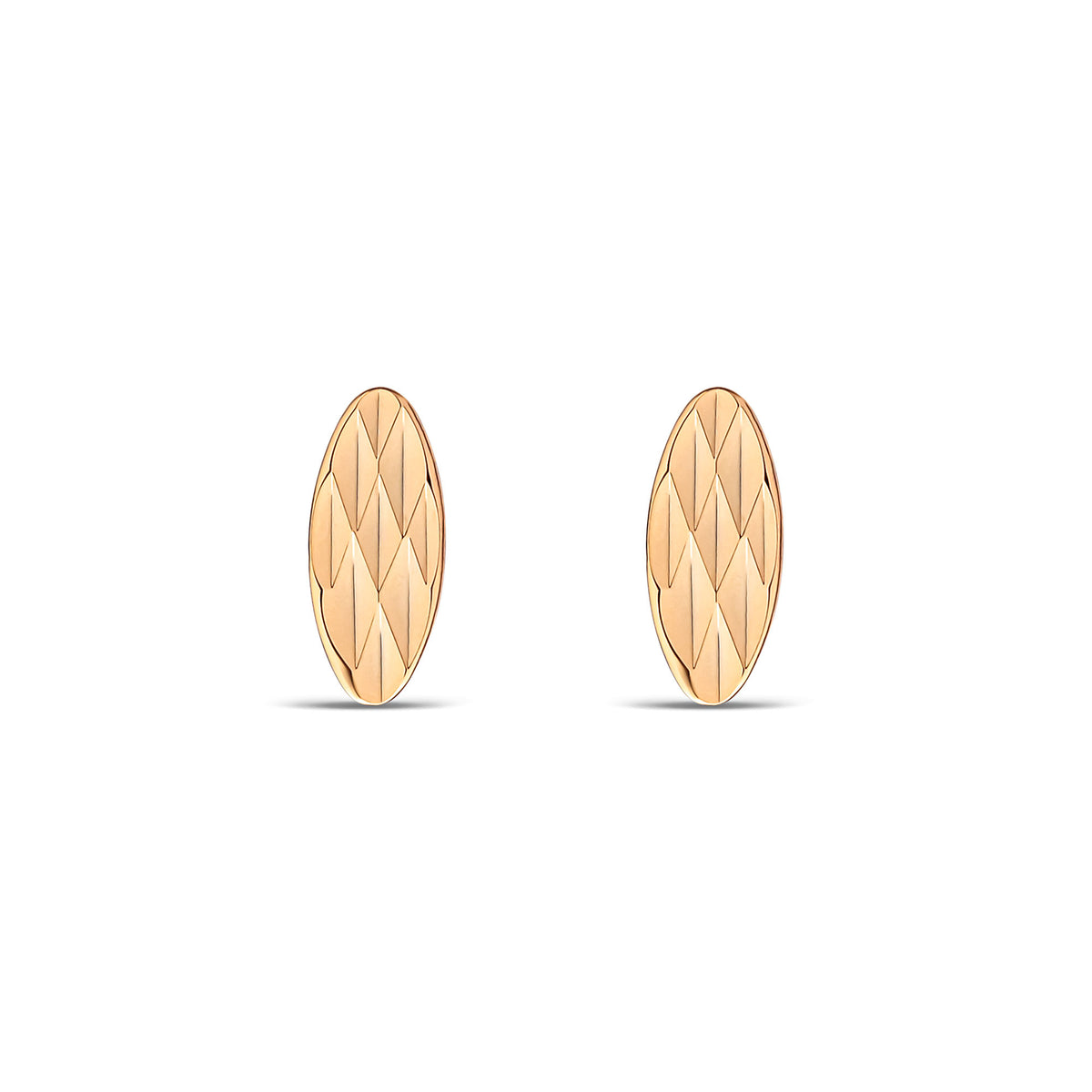 Gold-plated marquise stud earrings with a rhombus relief pattern on white