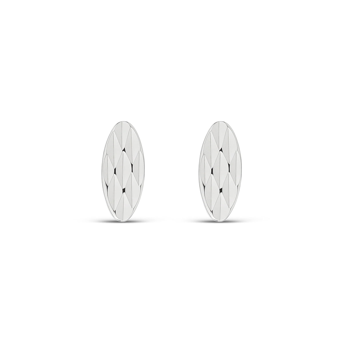 Silver-tone oval stud earrings with a rhombus texture on white