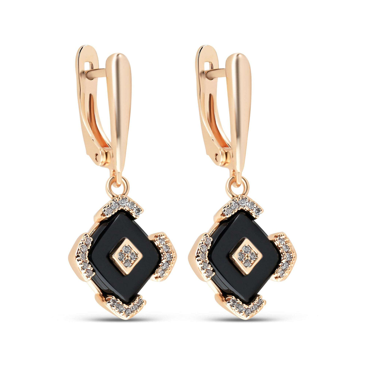 Gold-plated drop earrings with a black rhombus, clear cubic zirconia and leverback clasps