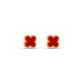 Four-leaf clover stud earrings with red enamel and a gold-tone beaded border