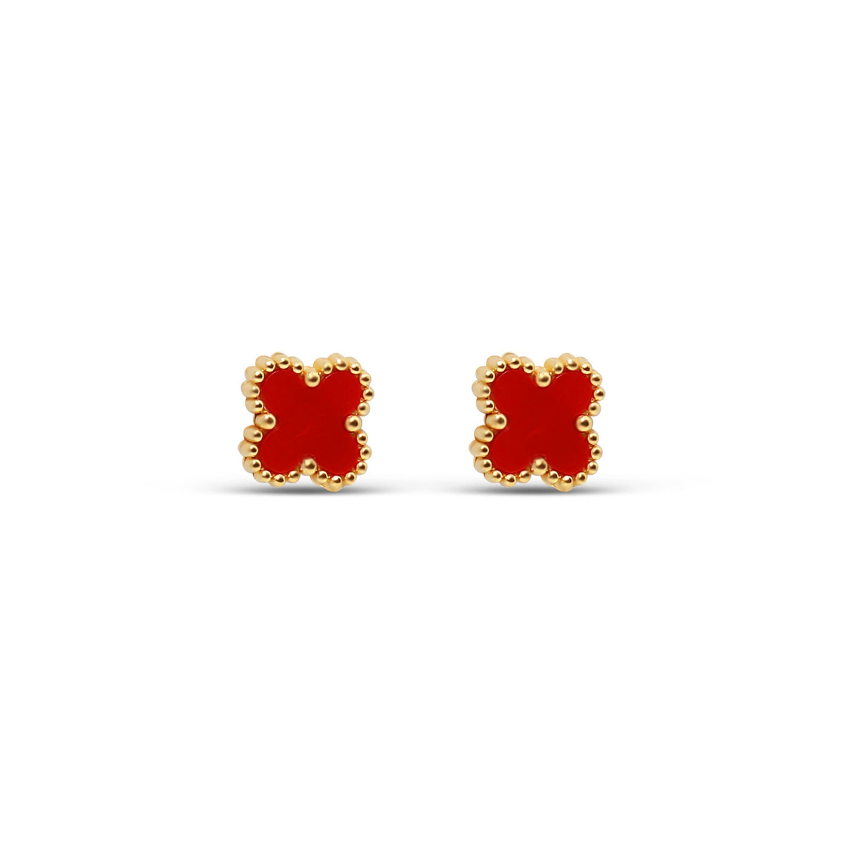 Four-leaf clover stud earrings with red enamel and a gold-tone beaded border