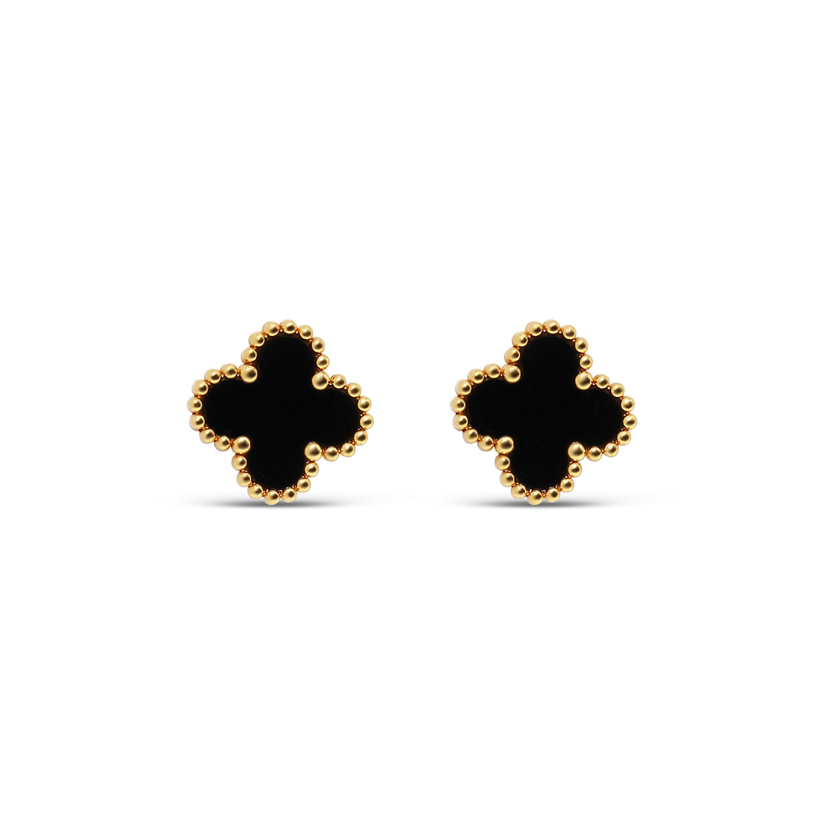 Black enamel four-leaf clover studs, 12 mm, with a gold-tone beaded border