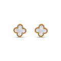 Pair of white enamel four-leaf clover studs with a gold-tone beaded border
