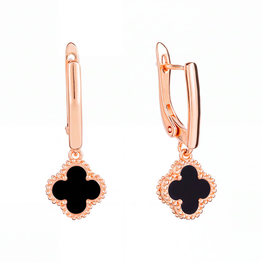 Black enamel clover earrings, 31.3 mm