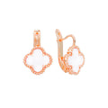 Rose gold tone clover earrings with white inlay and beaded edge