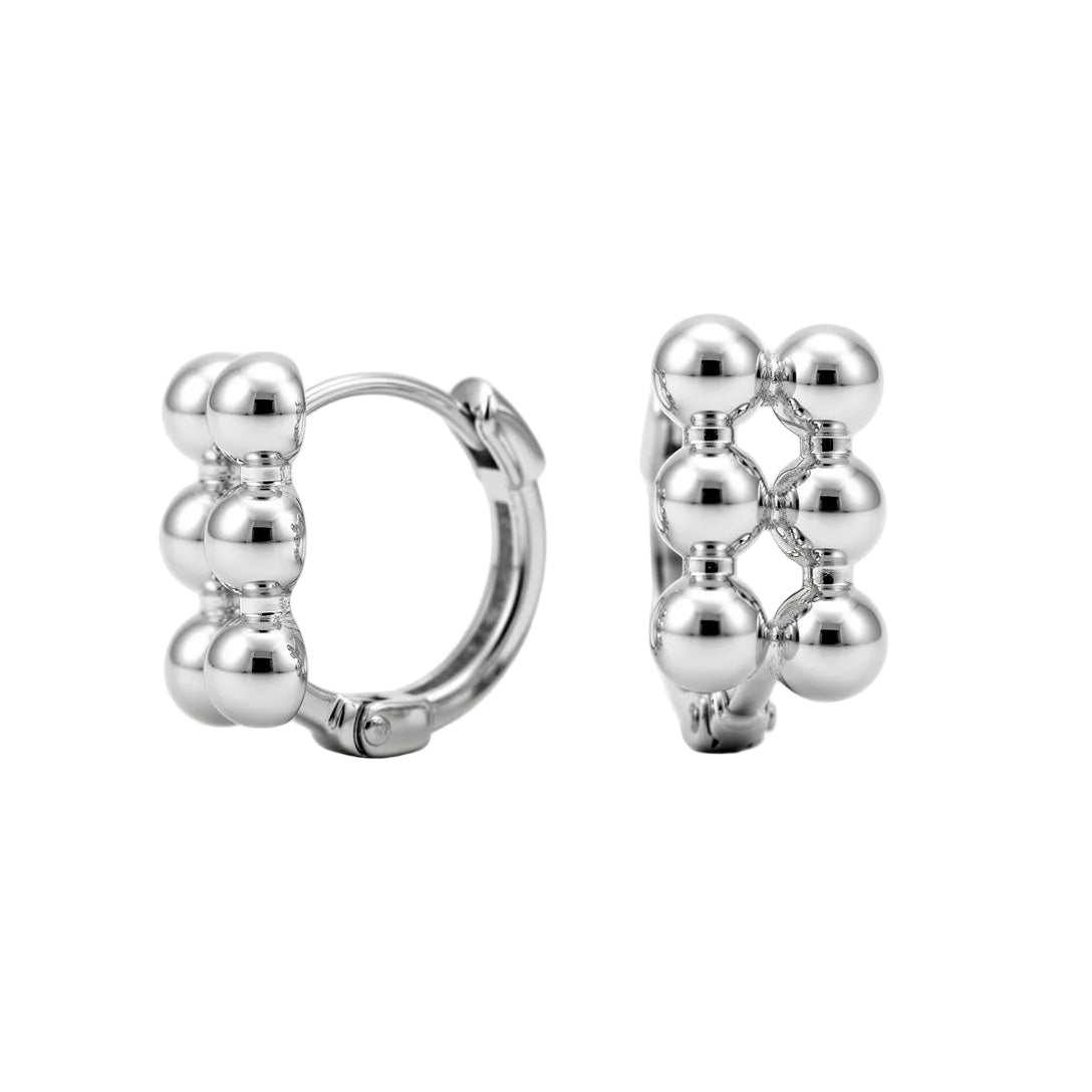 Small silver-tone hoop earrings with three rows of balls, platinum plating