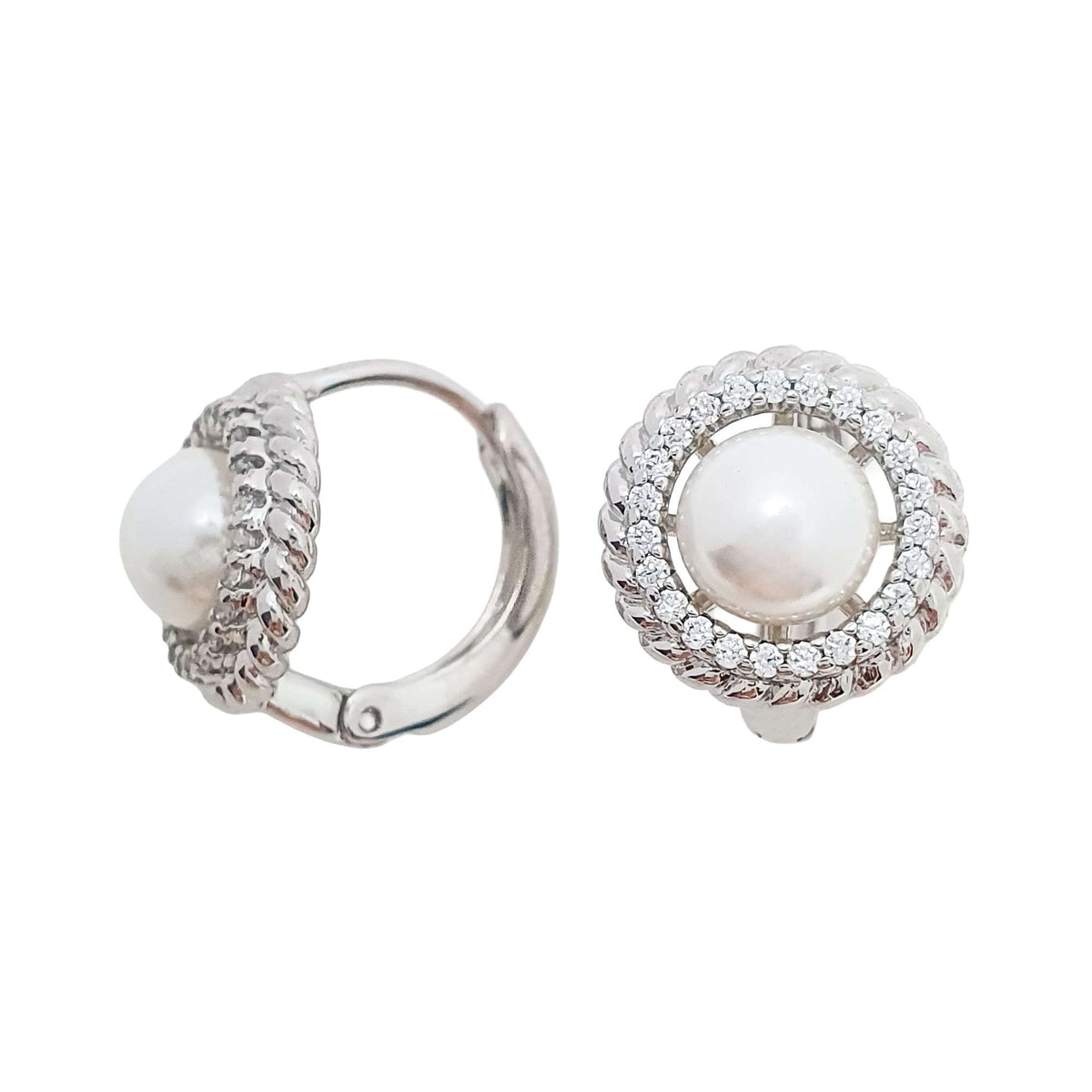 Platinum-plated earrings with a white pearl in a cubic zirconia circle, hinged clasp open