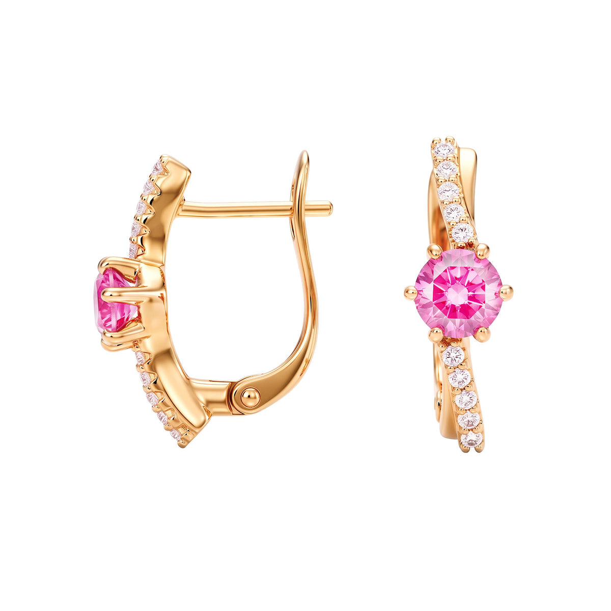 Pink | Gold-plated earrings with a pink cubic zirconia, white stones and leverback clasp