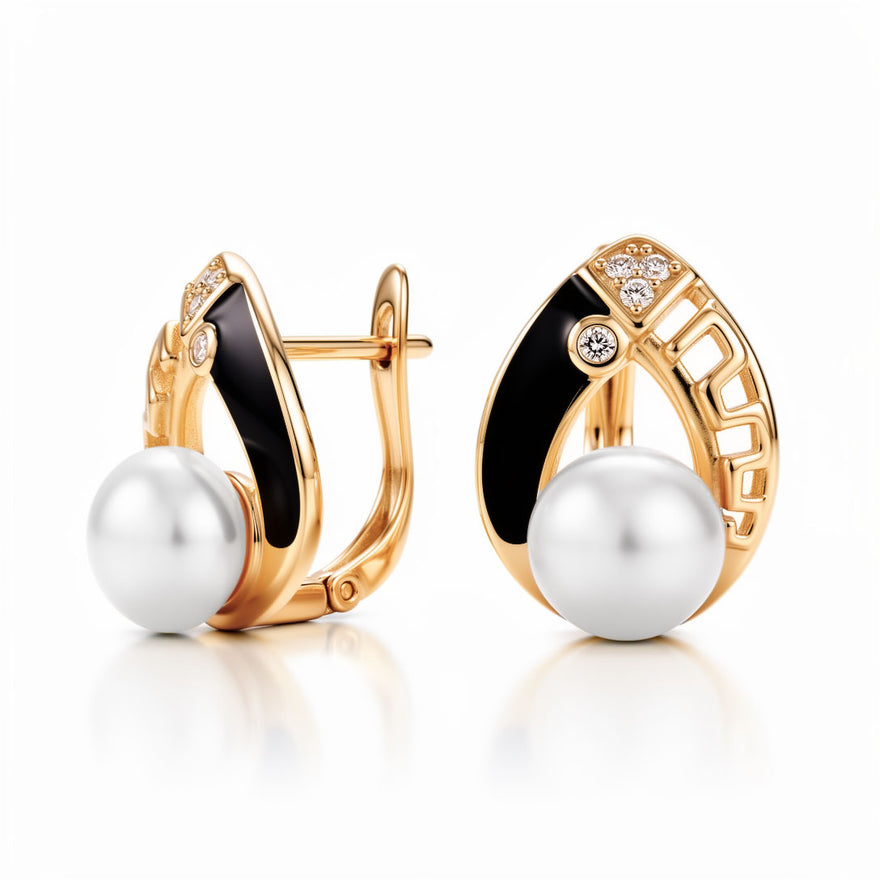 Black enamel and pearl drop earrings