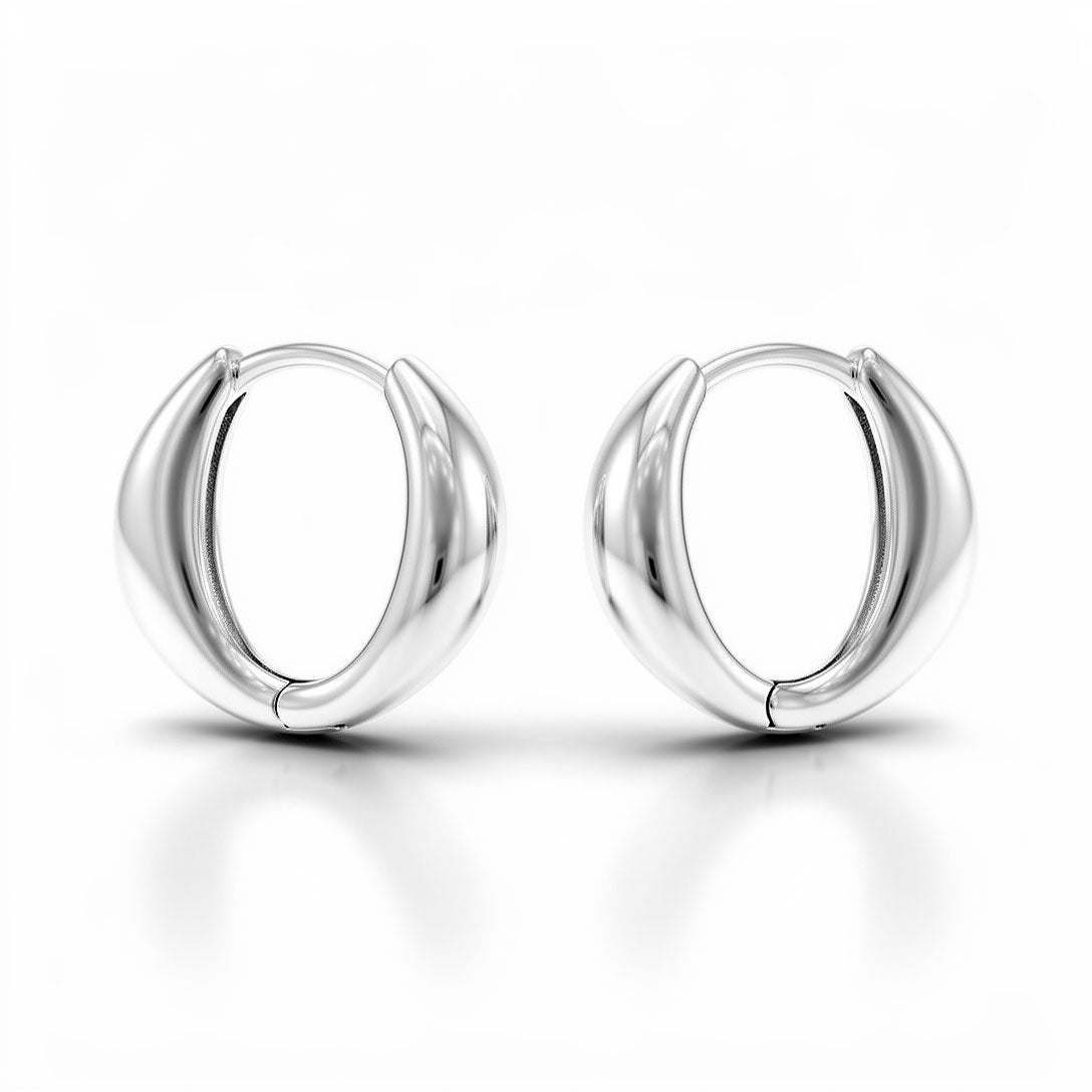Pair of compact oval hoop earrings in a smooth, shiny silver tone
