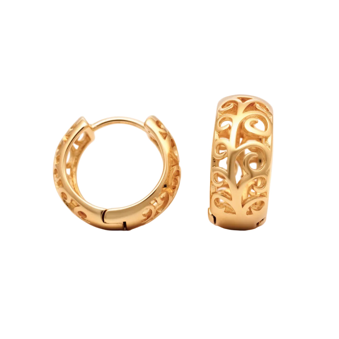 Gold-plated hoop earrings with a pierced spiral pattern, front and side view