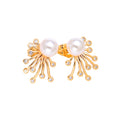 Pair of gold-tone fan stud earrings with pearls and cubic zirconia