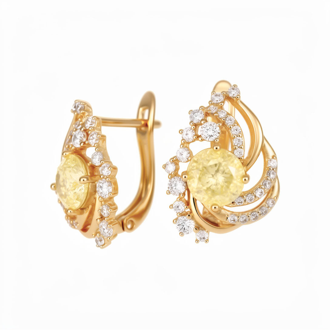 Gold-plated earrings with a round yellow cubic zirconia framed by white stones