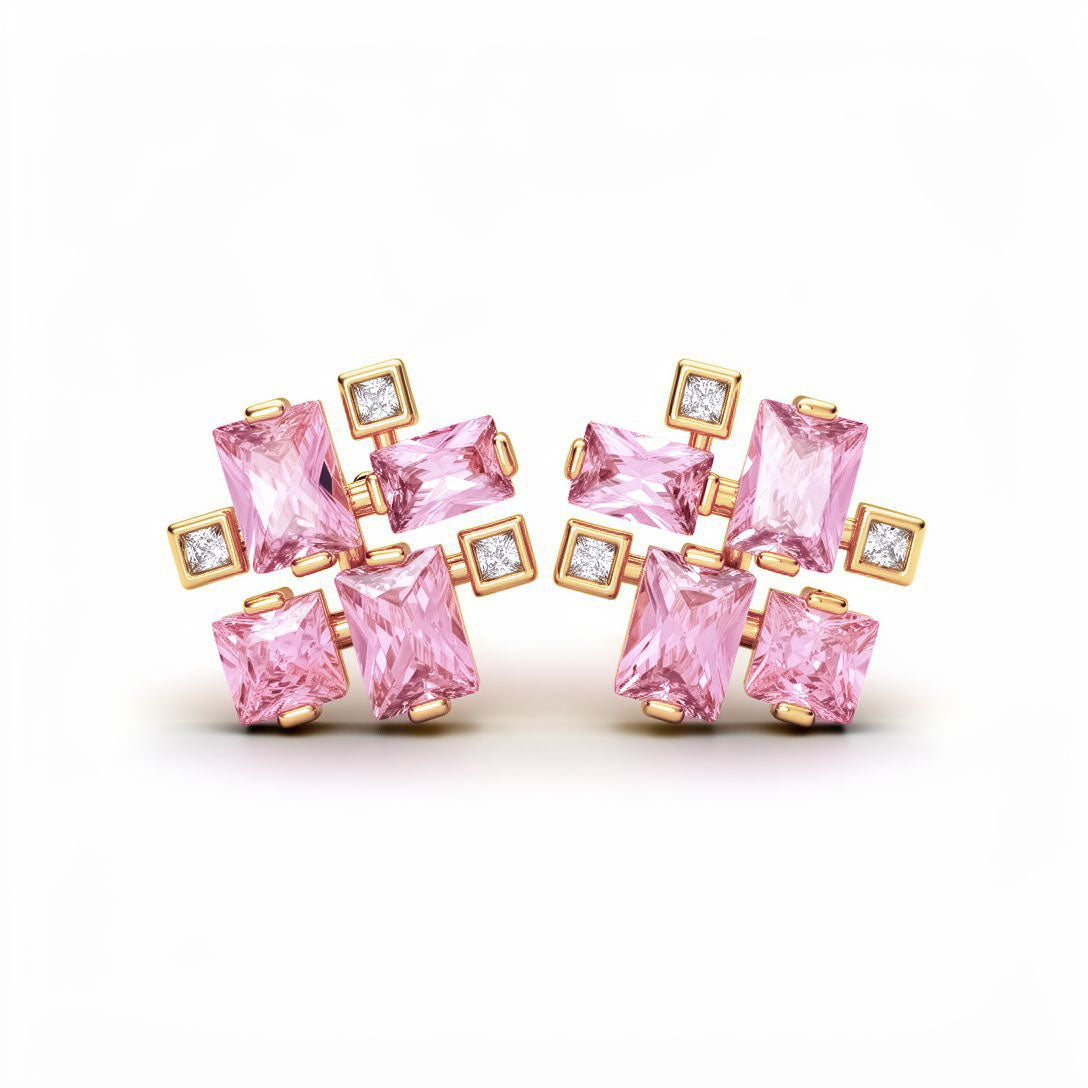 Geometric earrings with pink cubic zirconia and white accents in a gold-plated frame
