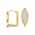 Leaf-shaped earrings with clear cubic zirconia and gold-plated surface, leverback clasp visible