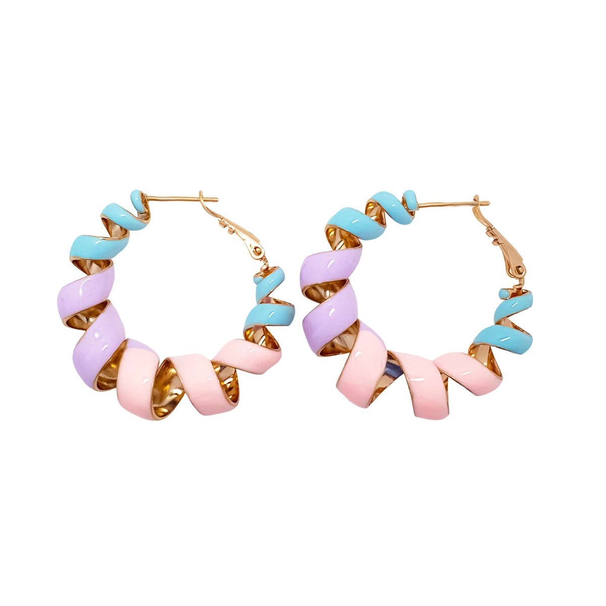Spiral hoop earrings with pink, lilac and turquoise enamel, gold tone