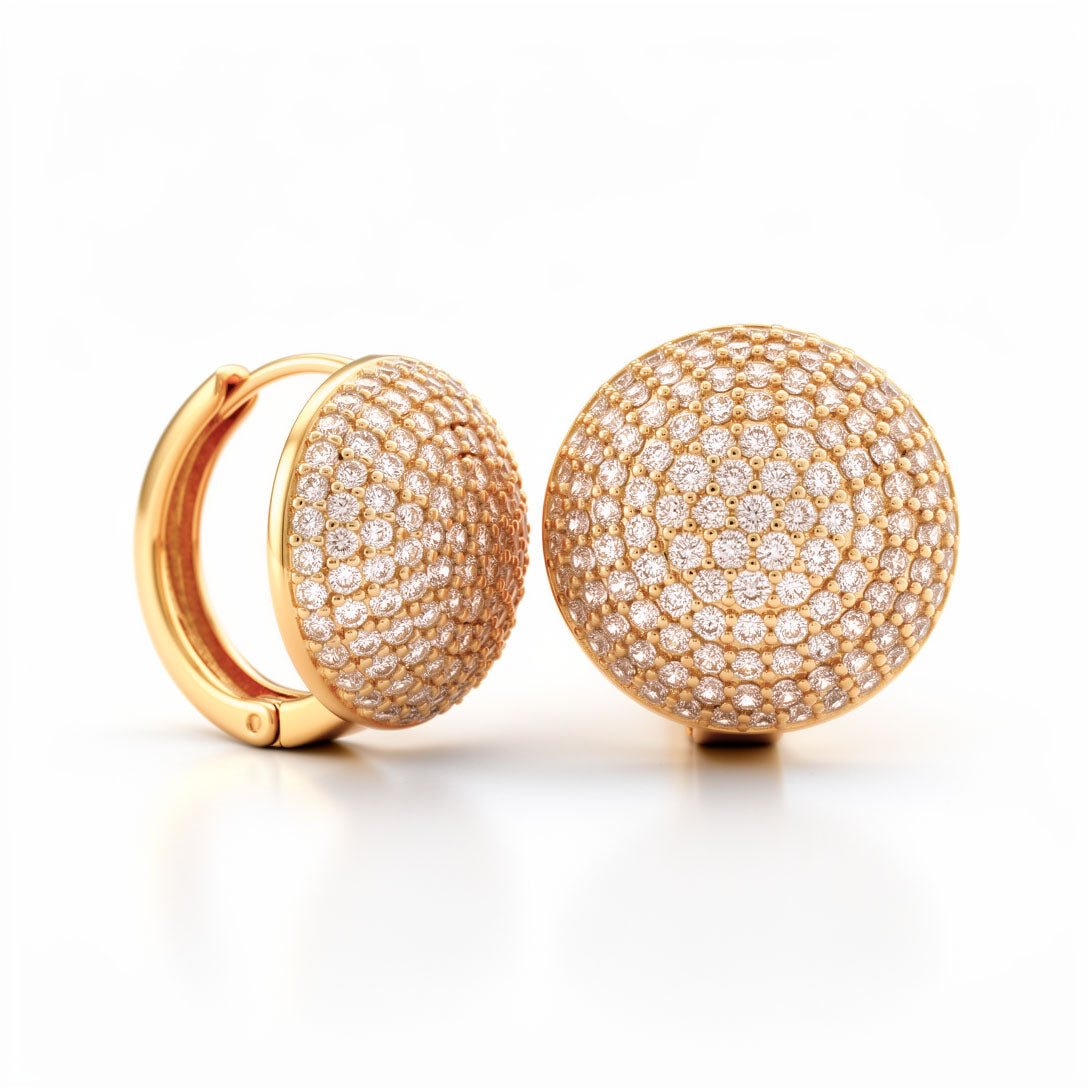 Round dome earrings densely set with cubic zirconia, hinged closure, gold tone
