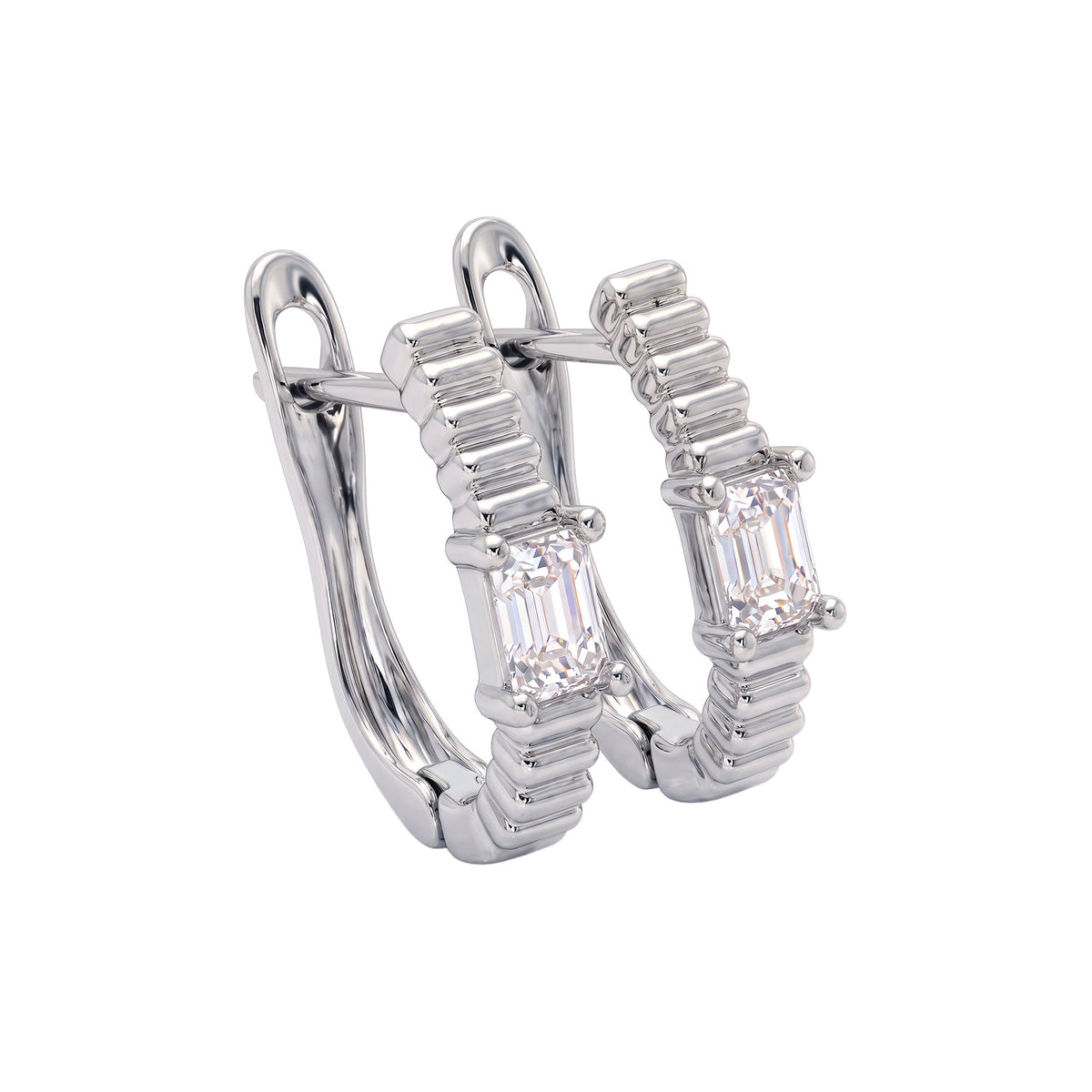 Silver | Silver-tone ribbed earrings with a rectangular stone, angled view