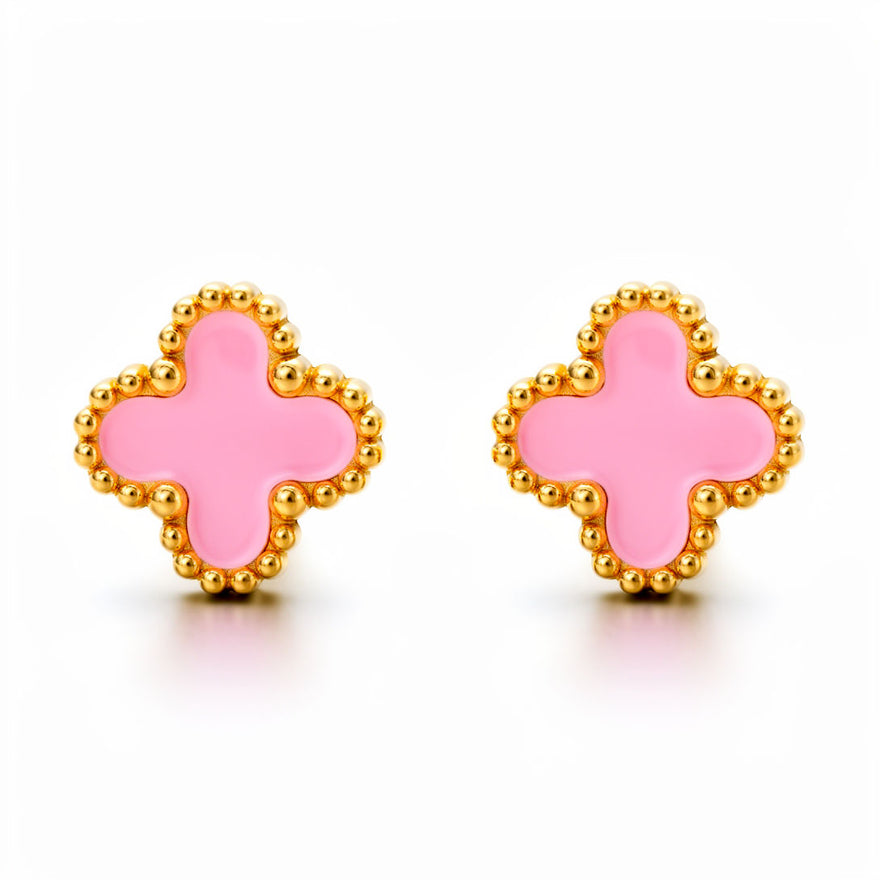 Pink enamel clover stud earrings