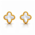 Four-leaf clover stud earrings with pearly white surface and gold-tone beaded rim