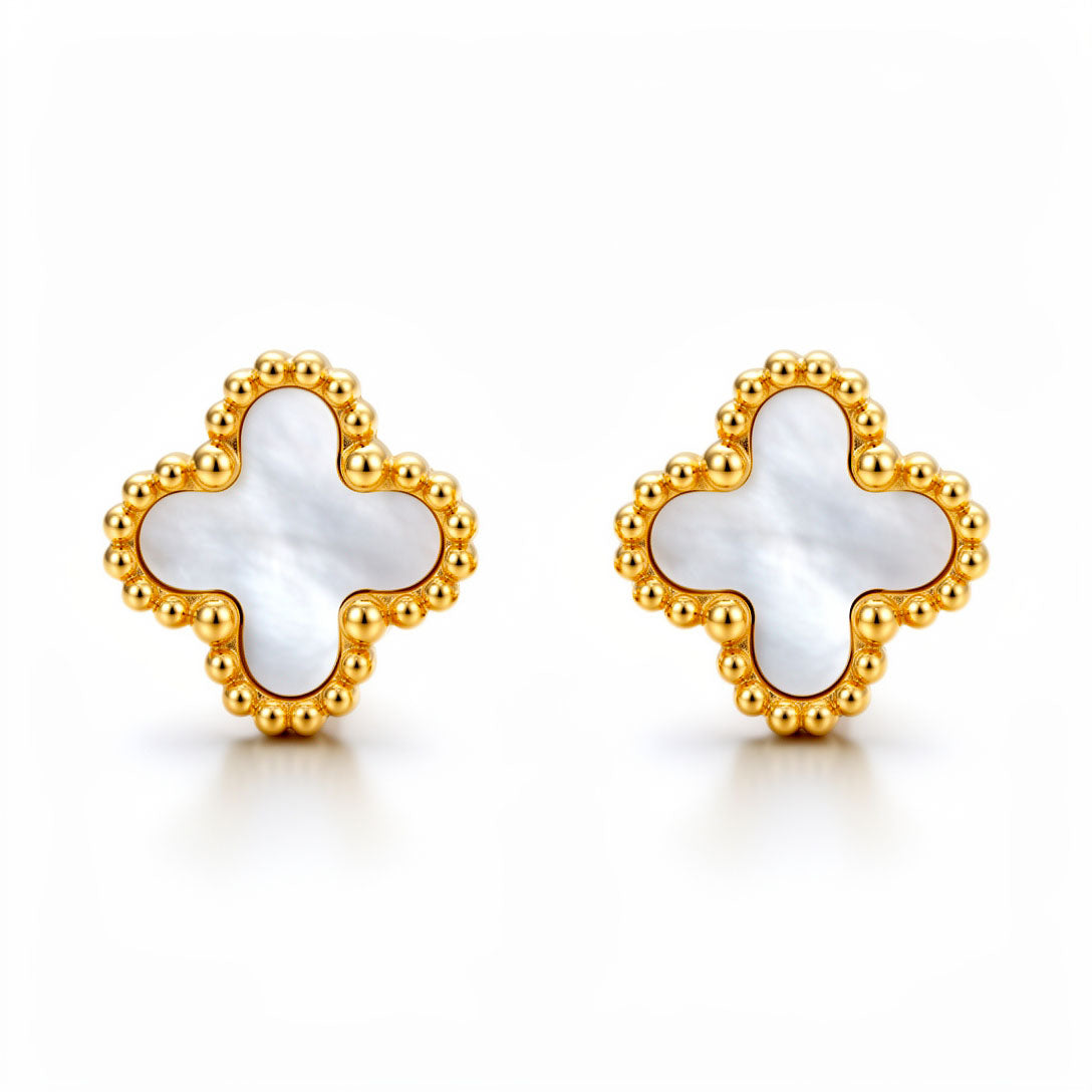 Four-leaf clover stud earrings with pearly white surface and gold-tone beaded rim