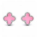 Four-leaf clover stud earrings in pink enamel with a silver-tone beaded rim
