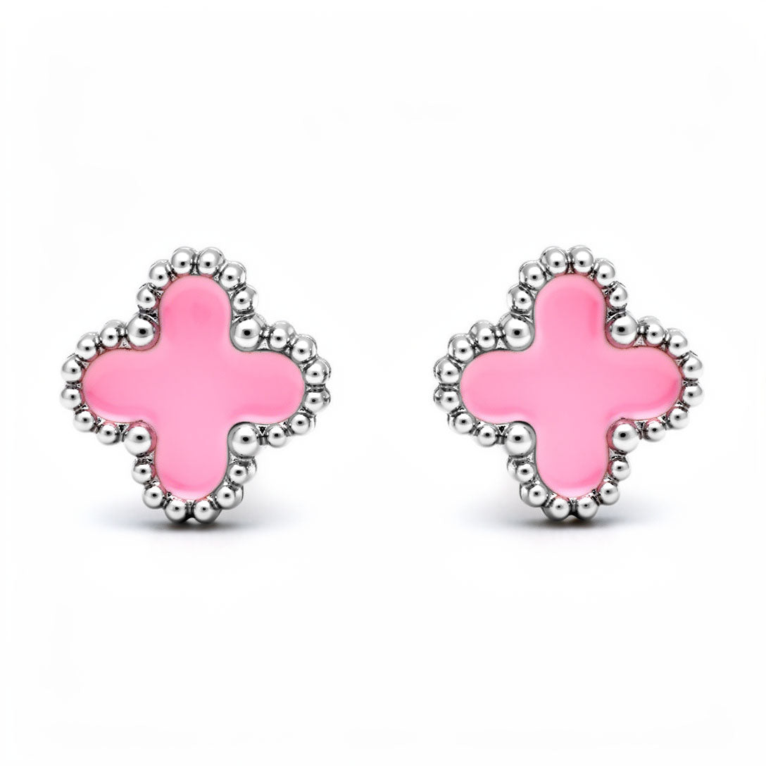 Four-leaf clover stud earrings in pink enamel with a silver-tone beaded rim