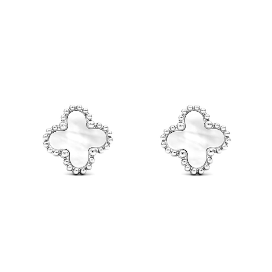 White enamel clover studs, 8 mm