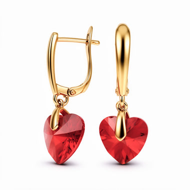 Red crystal heart drop earrings, 30 mm