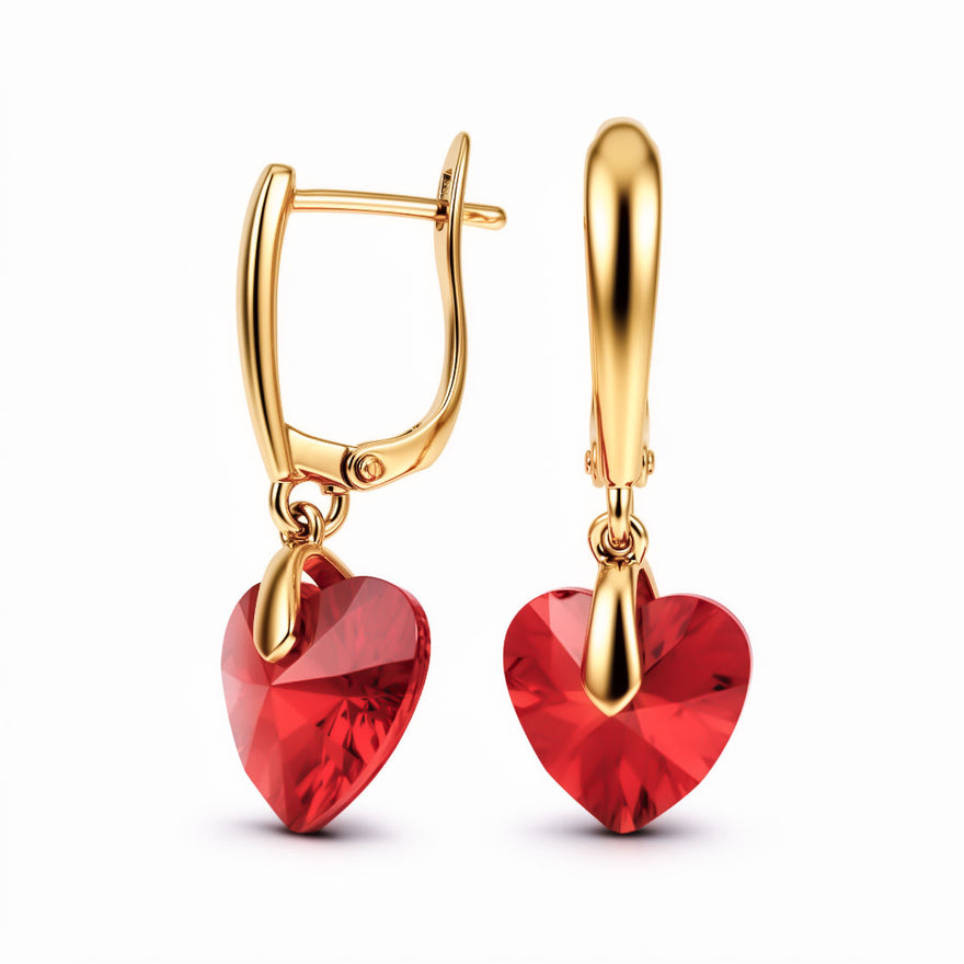 Red crystal heart drop earrings, 30 mm