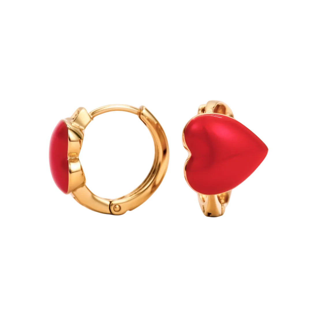 Gold-tone hoop earrings with a red enamel heart, front and side view